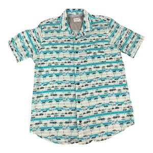 Sovereign Code Men Shirt XL Teal Green Palm Tree Pattern Short Sleeve Button Up